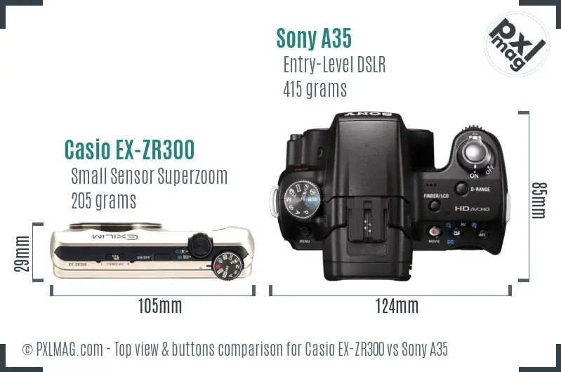 Casio EX-ZR300 vs Sony A35 top view buttons comparison Casio EX-ZR300 vs Sony A35 top view buttons comparison