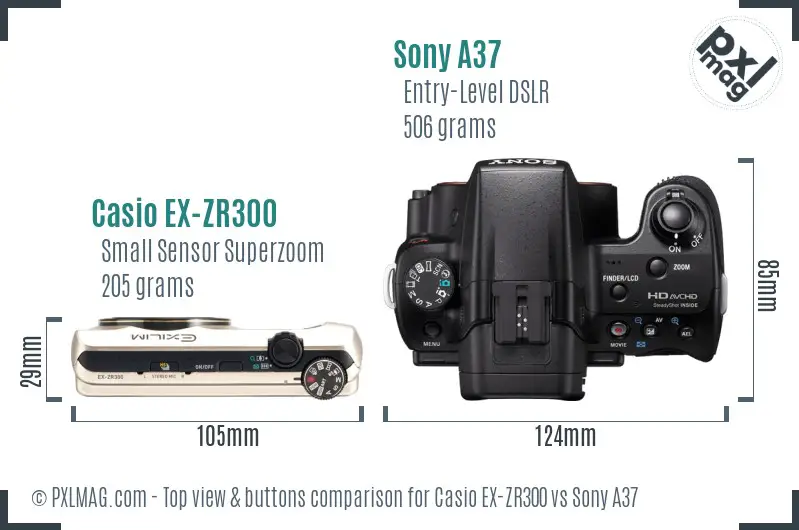 Casio EX-ZR300 vs Sony A37 top view buttons comparison Casio EX-ZR300 vs Sony A37 top view buttons comparison