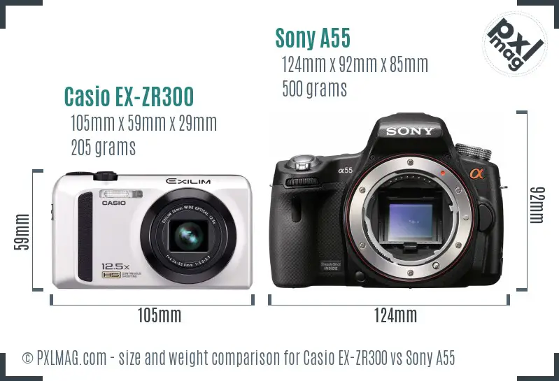 Casio EX-ZR300 vs Sony A55 size comparison