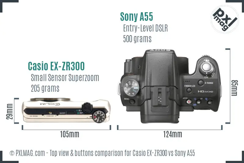 Casio EX-ZR300 vs Sony A55 top view buttons comparison