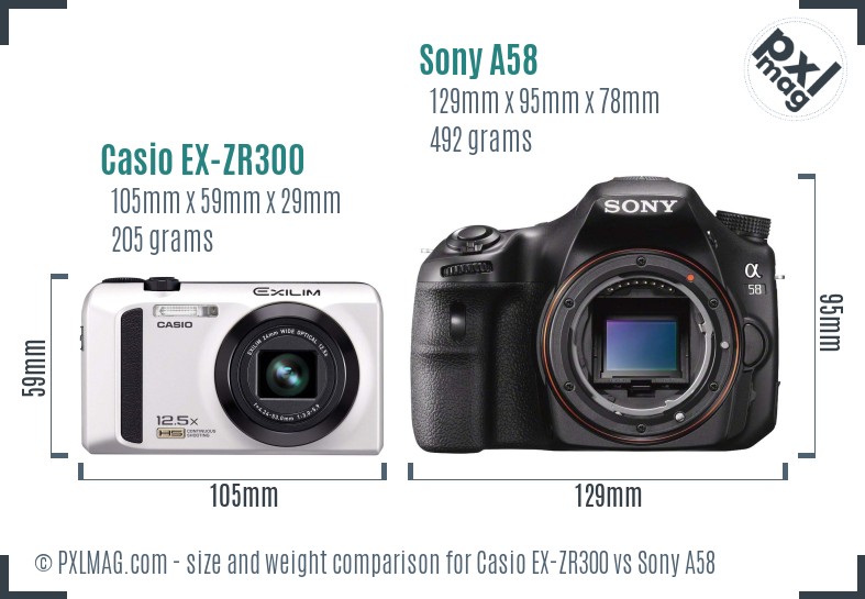 Casio EX-ZR300 vs Sony A58 size comparison Casio EX-ZR300 vs Sony A58 size comparison