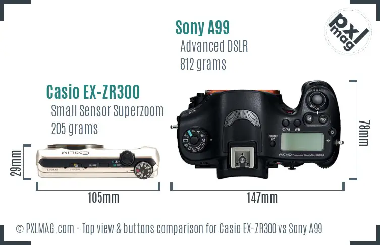 Casio EX-ZR300 vs Sony A99 top view buttons comparison