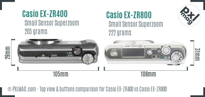 Casio EX-ZR400 vs Casio EX-ZR800 top view buttons comparison