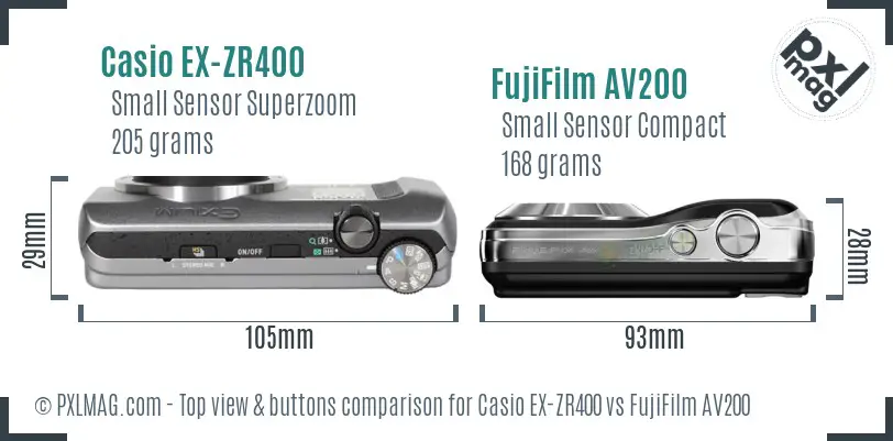 Casio EX-ZR400 vs FujiFilm AV200 top view buttons comparison