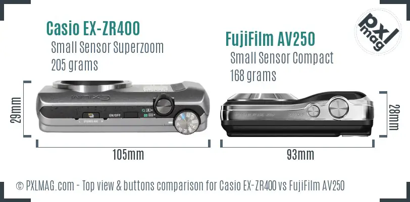Casio EX-ZR400 vs FujiFilm AV250 top view buttons comparison