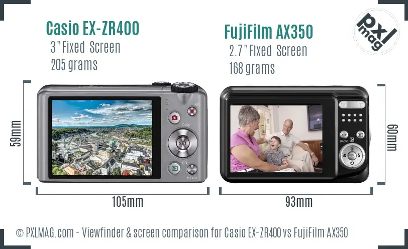 Casio EX-ZR400 vs FujiFilm AX350 Screen and Viewfinder comparison