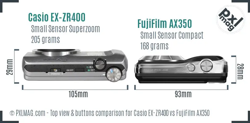 Casio EX-ZR400 vs FujiFilm AX350 top view buttons comparison