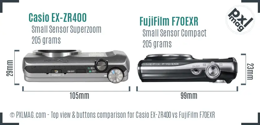 Casio EX-ZR400 vs FujiFilm F70EXR top view buttons comparison
