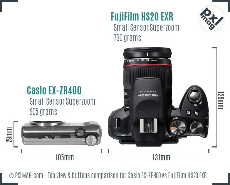 Casio EX-ZR400 vs FujiFilm HS20 EXR top view buttons comparison