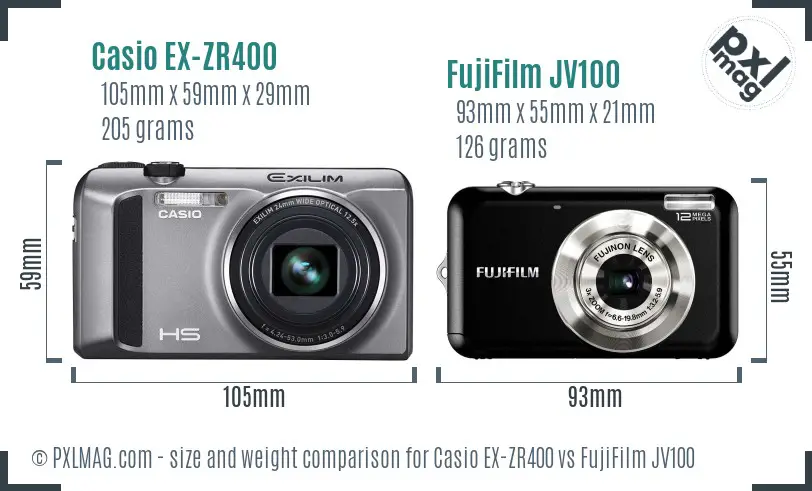Casio EX-ZR400 vs FujiFilm JV100 size comparison