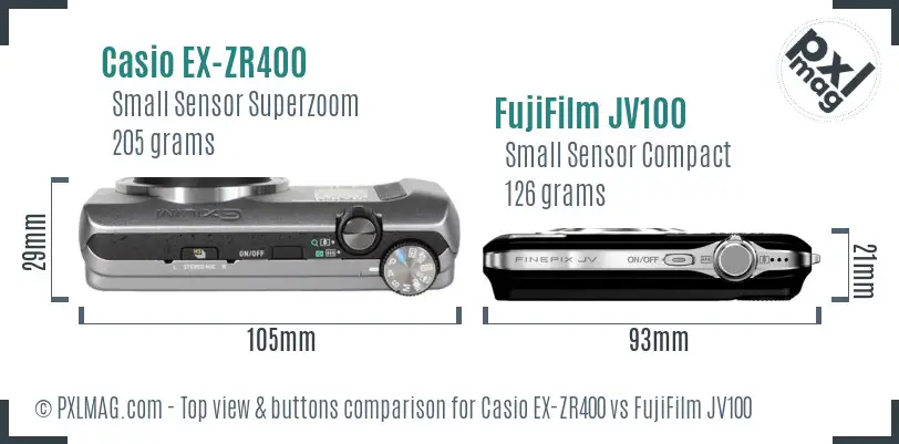Casio EX-ZR400 vs FujiFilm JV100 top view buttons comparison