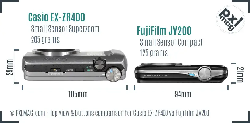 Casio EX-ZR400 vs FujiFilm JV200 top view buttons comparison Casio EX-ZR400 vs FujiFilm JV200 top view buttons comparison