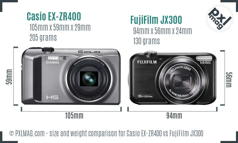 Casio EX-ZR400 vs FujiFilm JX300 size comparison
