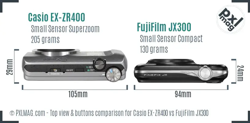 Casio EX-ZR400 vs FujiFilm JX300 top view buttons comparison