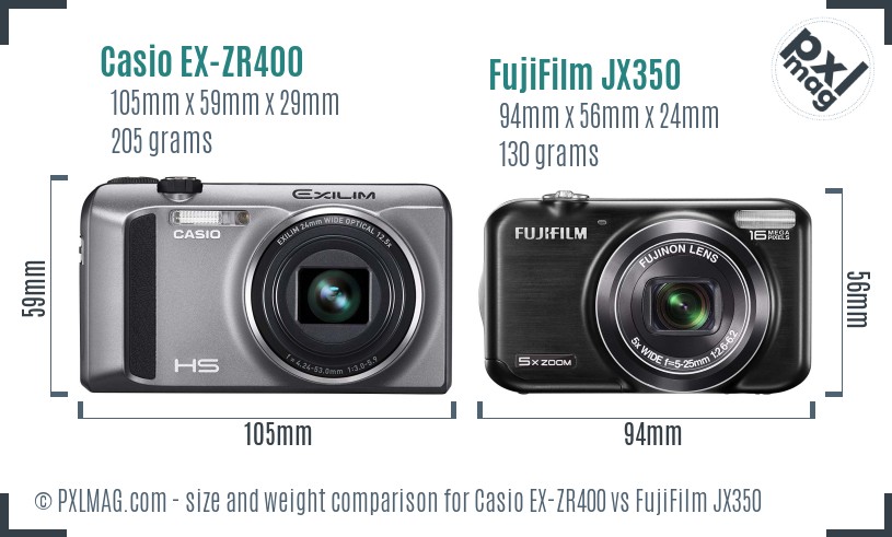 Casio EX-ZR400 vs FujiFilm JX350 size comparison