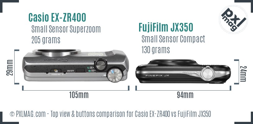 Casio EX-ZR400 vs FujiFilm JX350 top view buttons comparison