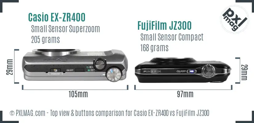 Casio EX-ZR400 vs FujiFilm JZ300 top view buttons comparison