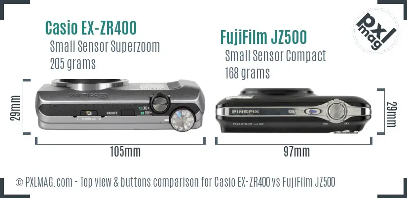 Casio EX-ZR400 vs FujiFilm JZ500 top view buttons comparison