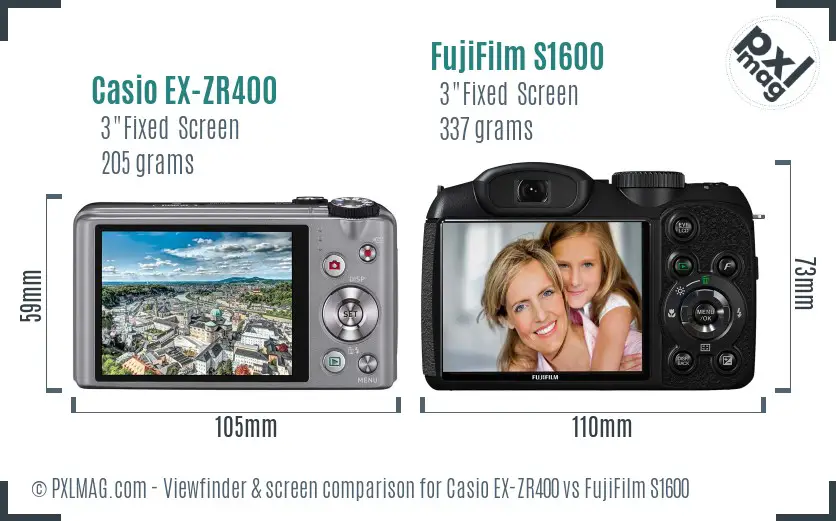 Casio EX-ZR400 vs FujiFilm S1600 Screen and Viewfinder comparison