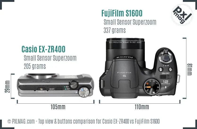Casio EX-ZR400 vs FujiFilm S1600 top view buttons comparison
