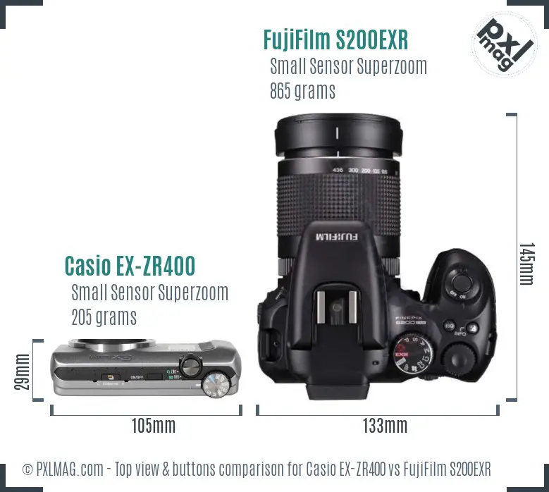 Casio EX-ZR400 vs FujiFilm S200EXR top view buttons comparison