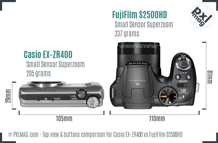 Casio EX-ZR400 vs FujiFilm S2500HD top view buttons comparison