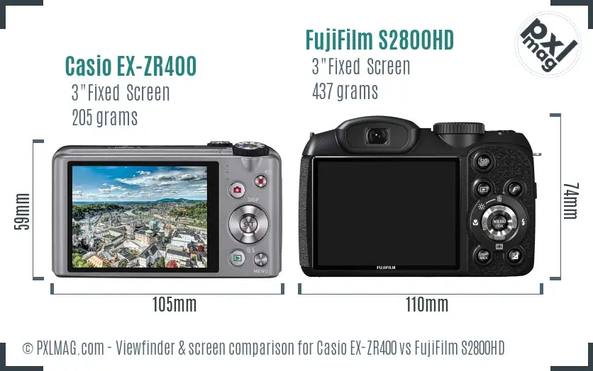 Casio EX-ZR400 vs FujiFilm S2800HD Screen and Viewfinder comparison