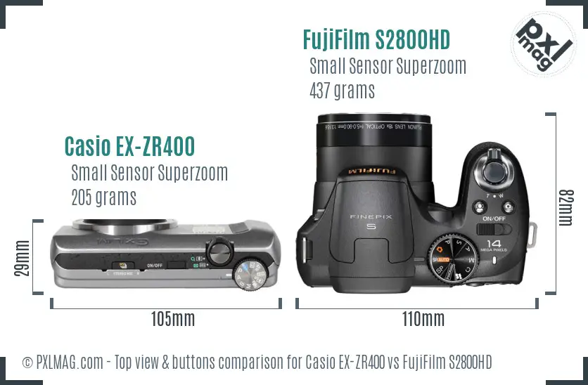 Casio EX-ZR400 vs FujiFilm S2800HD top view buttons comparison