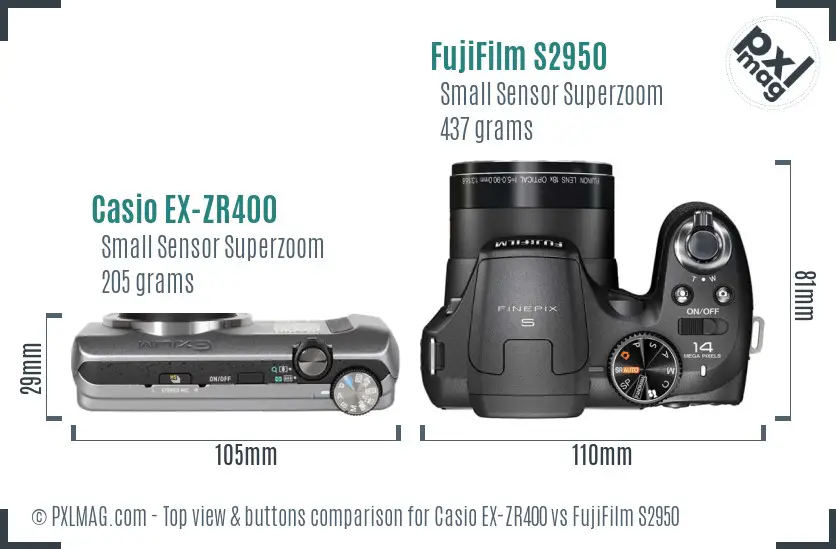 Casio EX-ZR400 vs FujiFilm S2950 top view buttons comparison