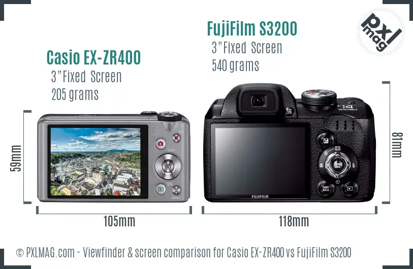 Casio EX-ZR400 vs FujiFilm S3200 Screen and Viewfinder comparison