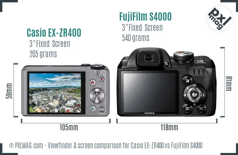 Casio EX-ZR400 vs FujiFilm S4000 Screen and Viewfinder comparison