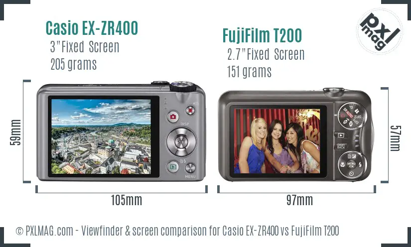 Casio EX-ZR400 vs FujiFilm T200 Screen and Viewfinder comparison