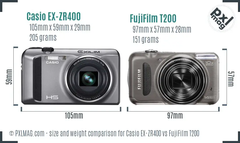 Casio EX-ZR400 vs FujiFilm T200 size comparison