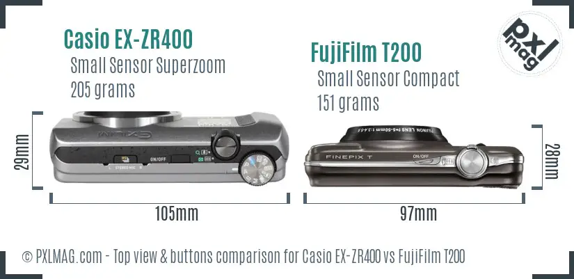 Casio EX-ZR400 vs FujiFilm T200 top view buttons comparison