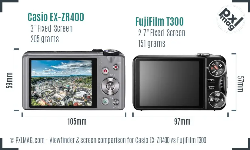 Casio EX-ZR400 vs FujiFilm T300 Screen and Viewfinder comparison