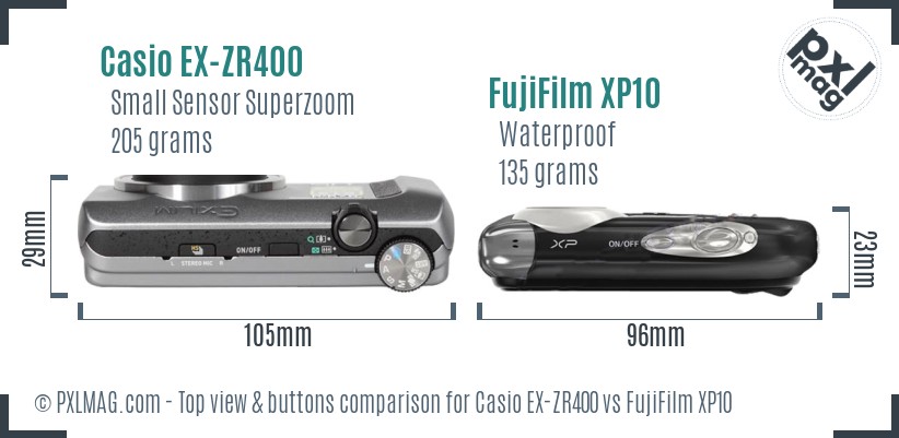 Casio EX-ZR400 vs FujiFilm XP10 top view buttons comparison