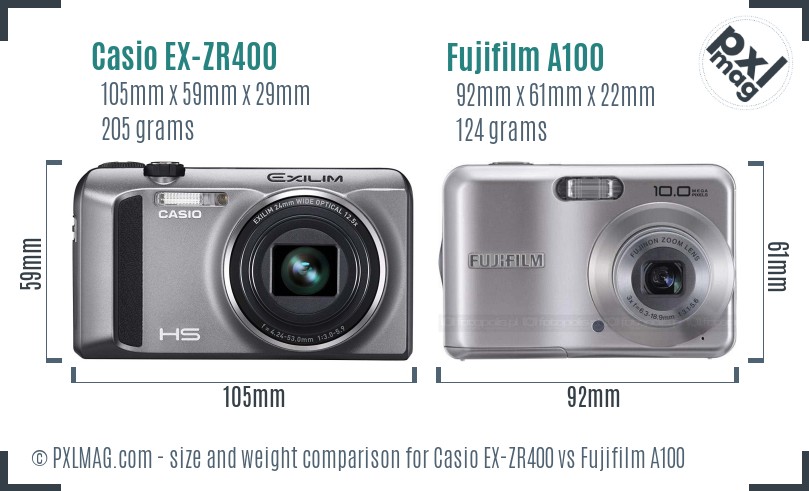 Casio EX-ZR400 vs Fujifilm A100 size comparison