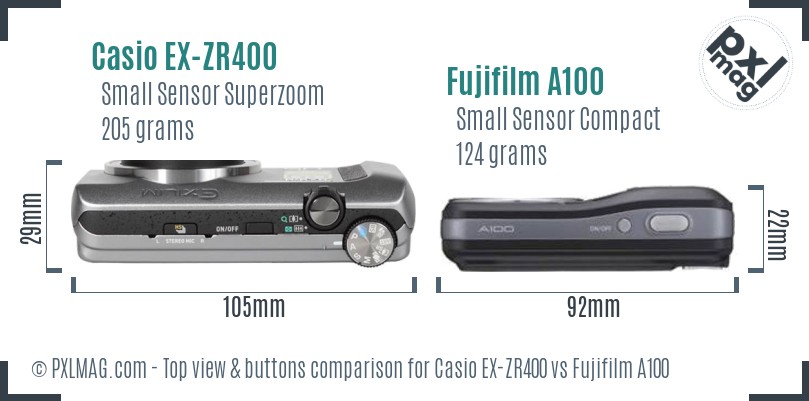 Casio EX-ZR400 vs Fujifilm A100 top view buttons comparison