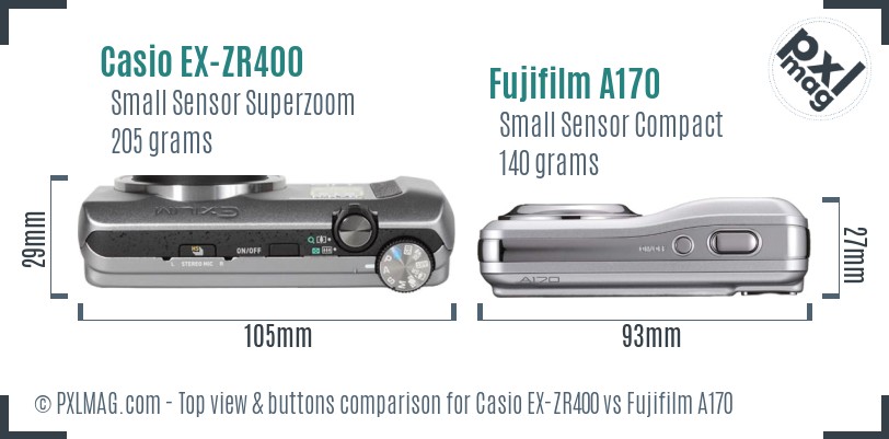 Casio EX-ZR400 vs Fujifilm A170 top view buttons comparison
