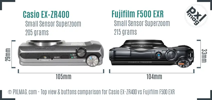 Casio EX-ZR400 vs Fujifilm F500 EXR top view buttons comparison Casio EX-ZR400 vs Fujifilm F500 EXR top view buttons comparison