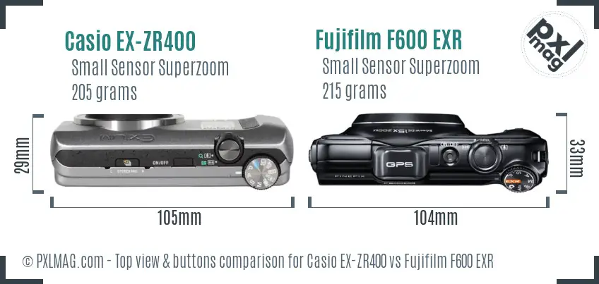 Casio EX-ZR400 vs Fujifilm F600 EXR top view buttons comparison Casio EX-ZR400 vs Fujifilm F600 EXR top view buttons comparison