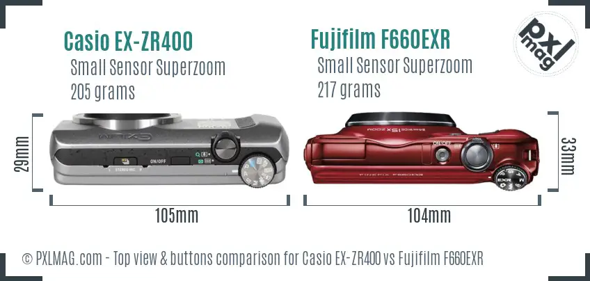 Casio EX-ZR400 vs Fujifilm F660EXR top view buttons comparison