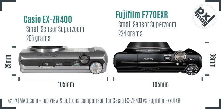 Casio EX-ZR400 vs Fujifilm F770EXR top view buttons comparison Casio EX-ZR400 vs Fujifilm F770EXR top view buttons comparison