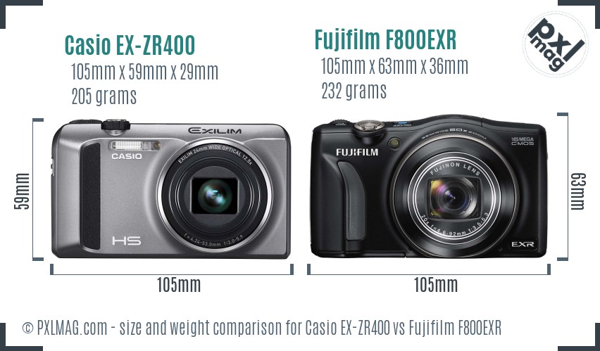 Casio EX-ZR400 vs Fujifilm F800EXR size comparison