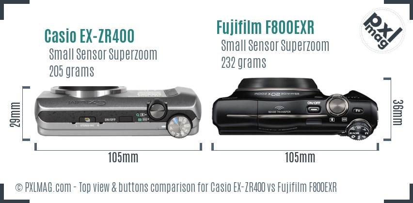 Casio EX-ZR400 vs Fujifilm F800EXR top view buttons comparison