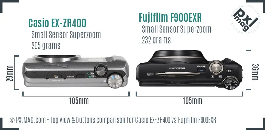 Casio EX-ZR400 vs Fujifilm F900EXR top view buttons comparison Casio EX-ZR400 vs Fujifilm F900EXR top view buttons comparison
