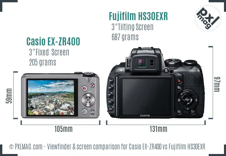 Casio EX-ZR400 vs Fujifilm HS30EXR Screen and Viewfinder comparison