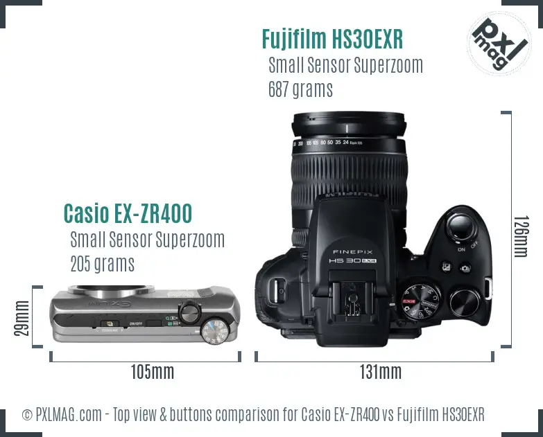 Casio EX-ZR400 vs Fujifilm HS30EXR top view buttons comparison