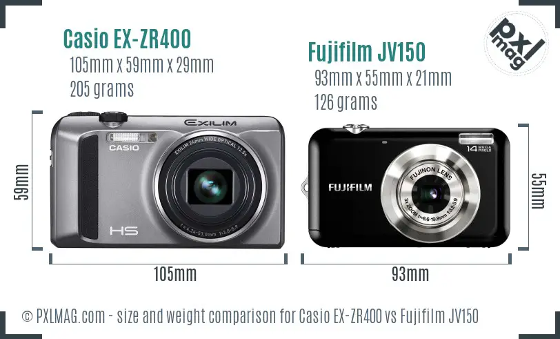 Casio EX-ZR400 vs Fujifilm JV150 size comparison