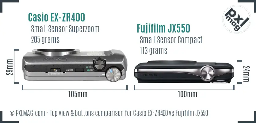 Casio EX-ZR400 vs Fujifilm JX550 top view buttons comparison Casio EX-ZR400 vs Fujifilm JX550 top view buttons comparison